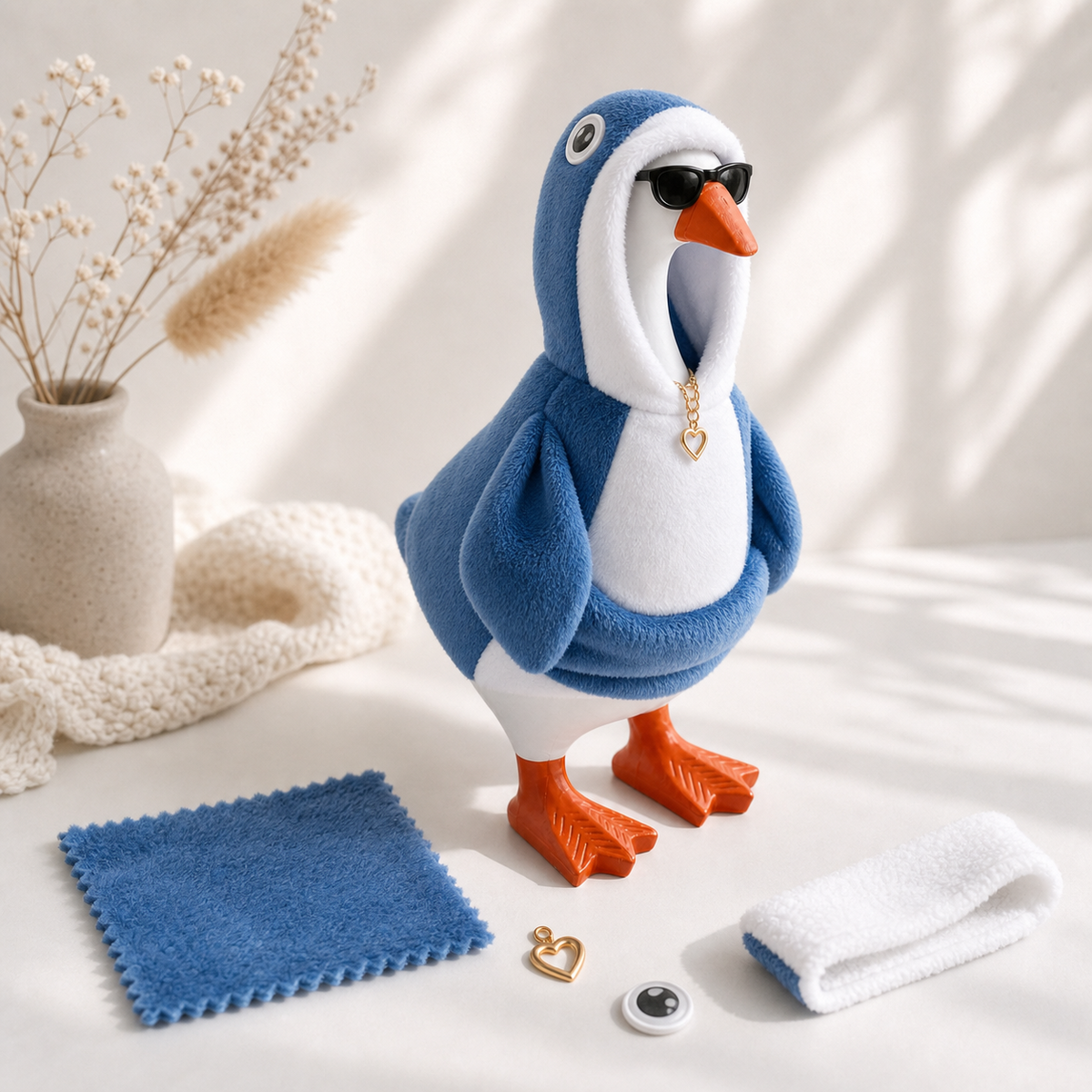 Blue penguin hoodie outfit and accessory details displayed with a desk goose