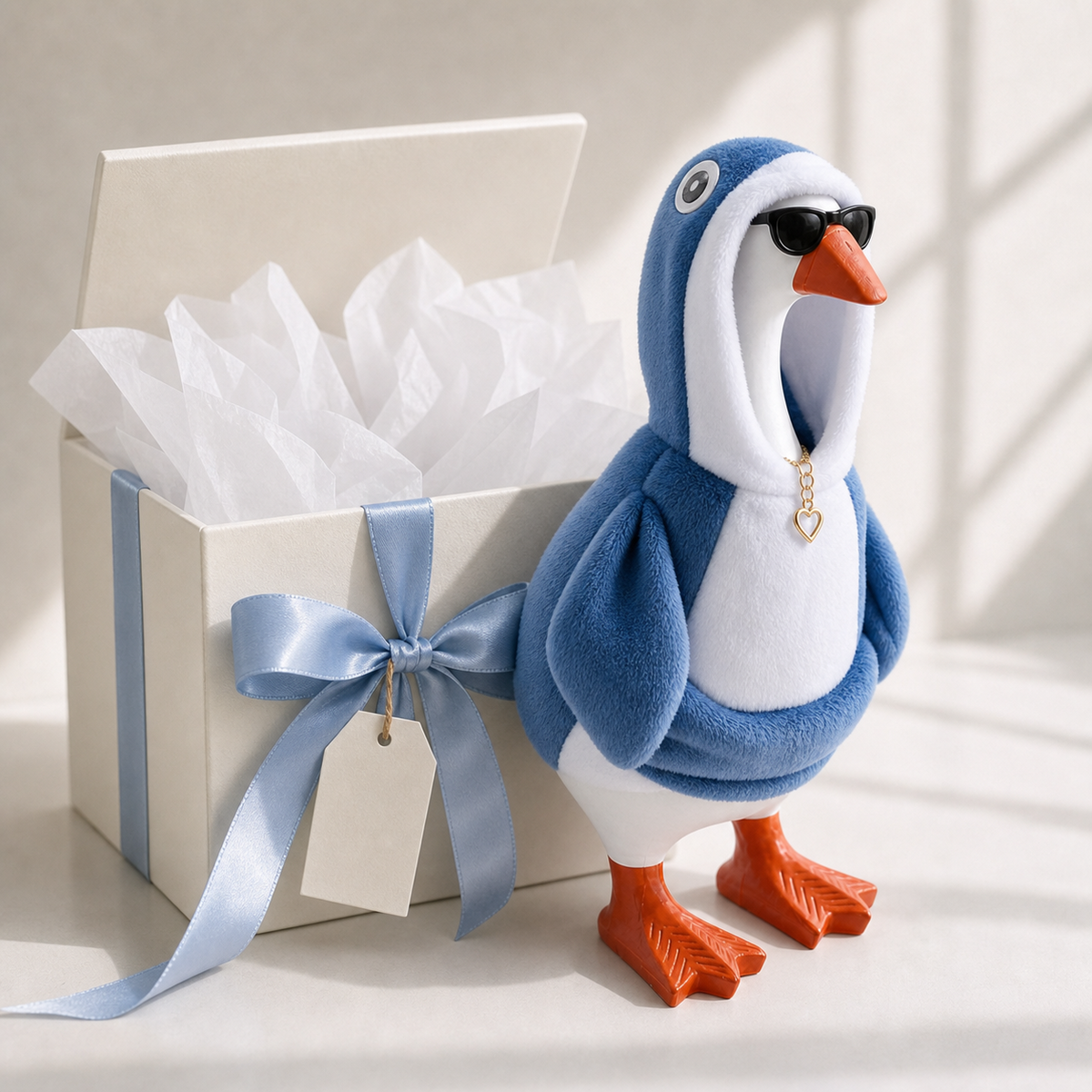 Penguin hoodie outfit set displayed beside a gift box; gift box and goose not included