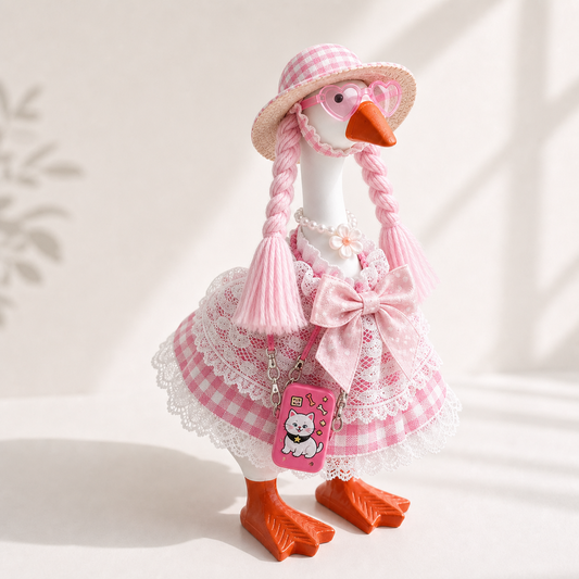 Little Honk 7-inch Desk Goose wearing the complete pink gingham lace outfit set