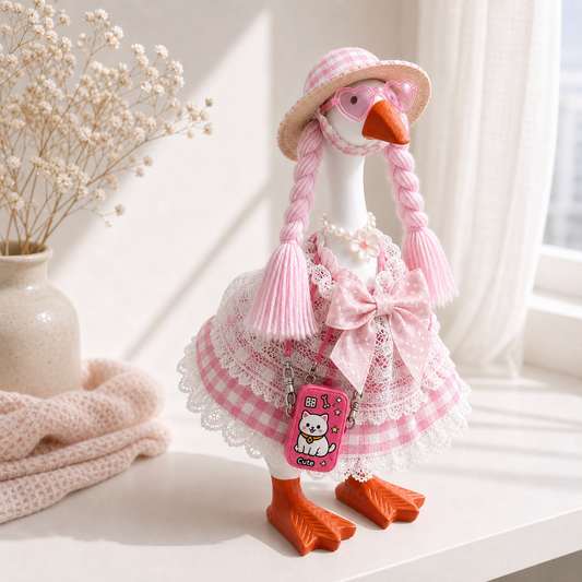 Pink gingham Desk Goose outfit with hat, braids, heart glasses, necklace and cat bag