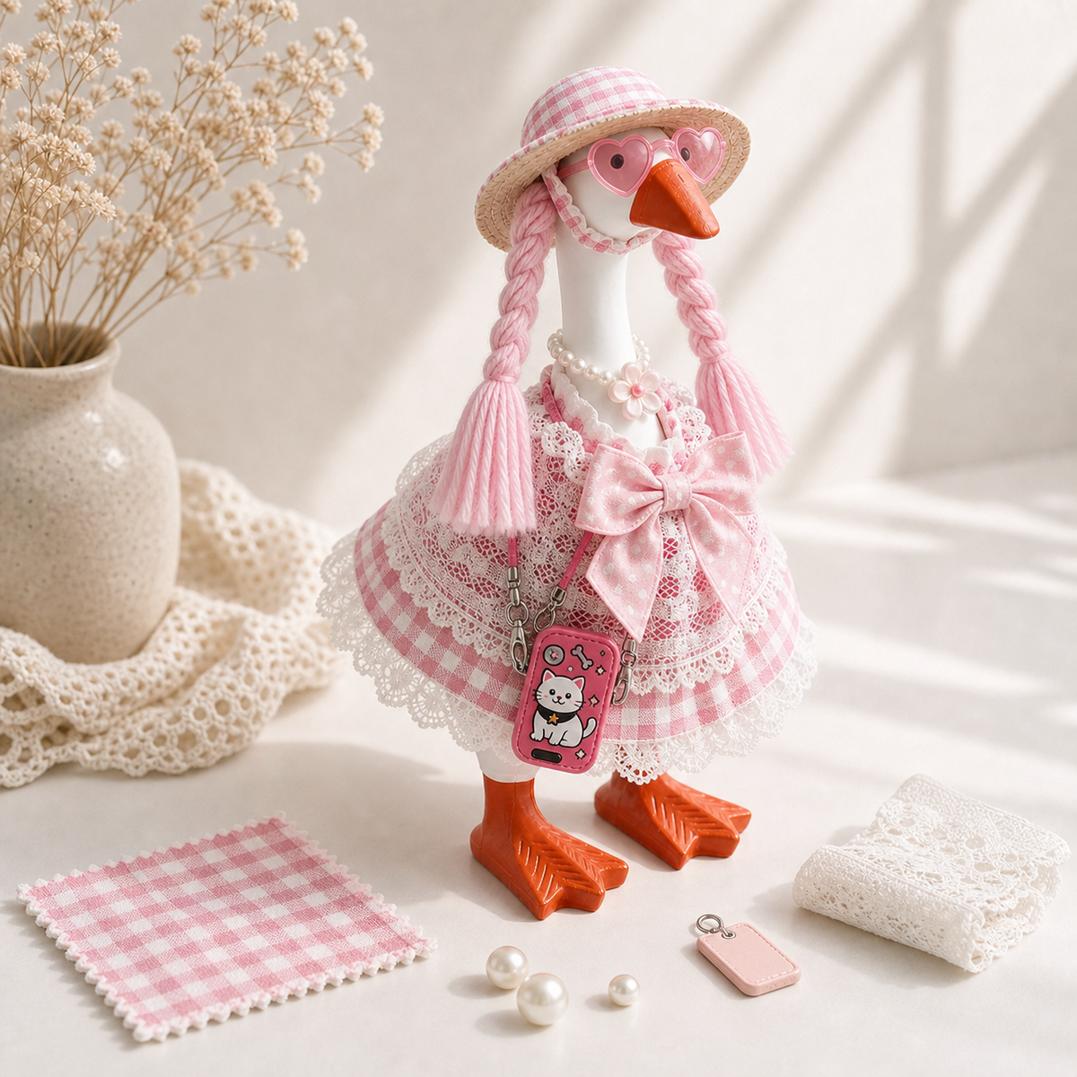 Little Honk pink gingham outfit set displayed with styling props