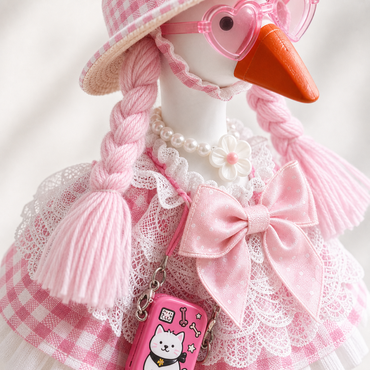 Close-up of pink gingham lace dress, pearl flower necklace and cat crossbody bag