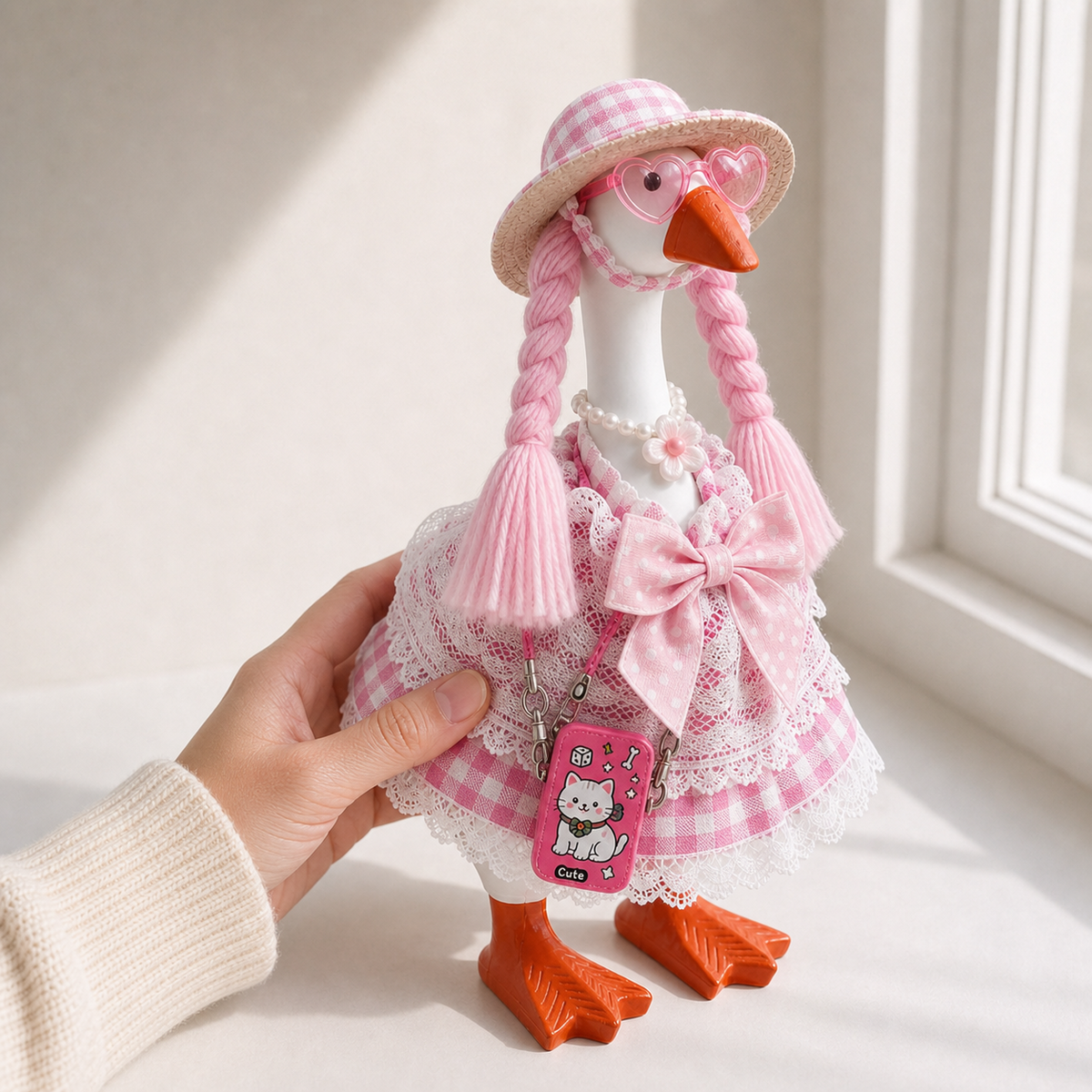 Hand holding Little Honk in the pink gingham lace outfit set