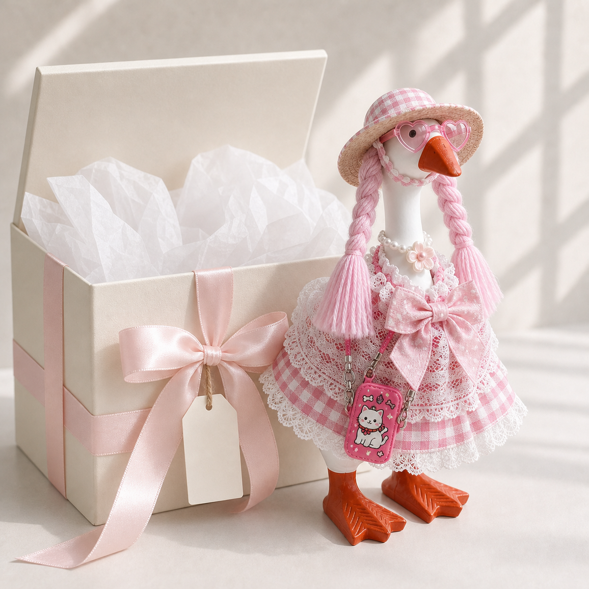 Pink gingham Desk Goose outfit beside a decorative gift box