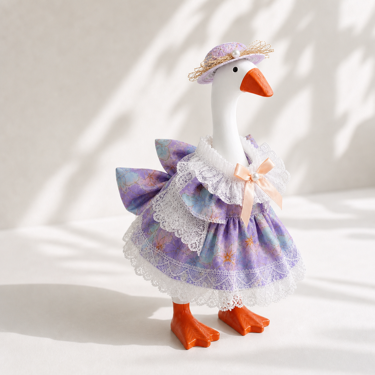 Front view of purple blue floral lace outfit for 7-inch Desk Goose