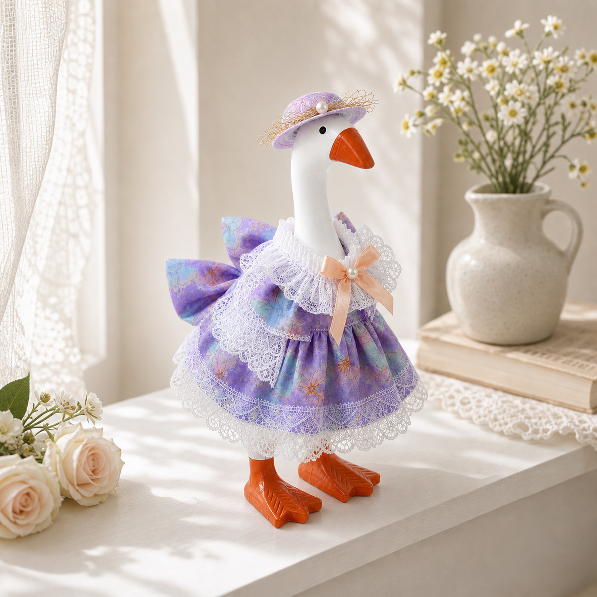 Little Honk floral lace dress and pearl-trimmed hat by a window