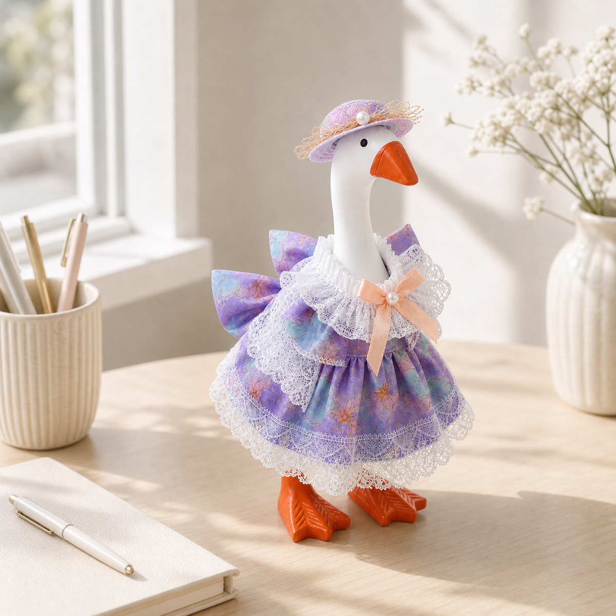 Little Honk in purple blue floral lace dress on a desk
