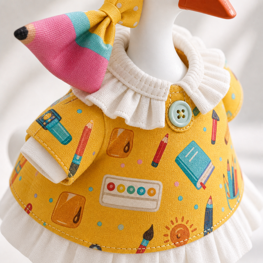 Little Honk yellow stationery-print dress and pencil bow outfit set on a 7-inch desk goose