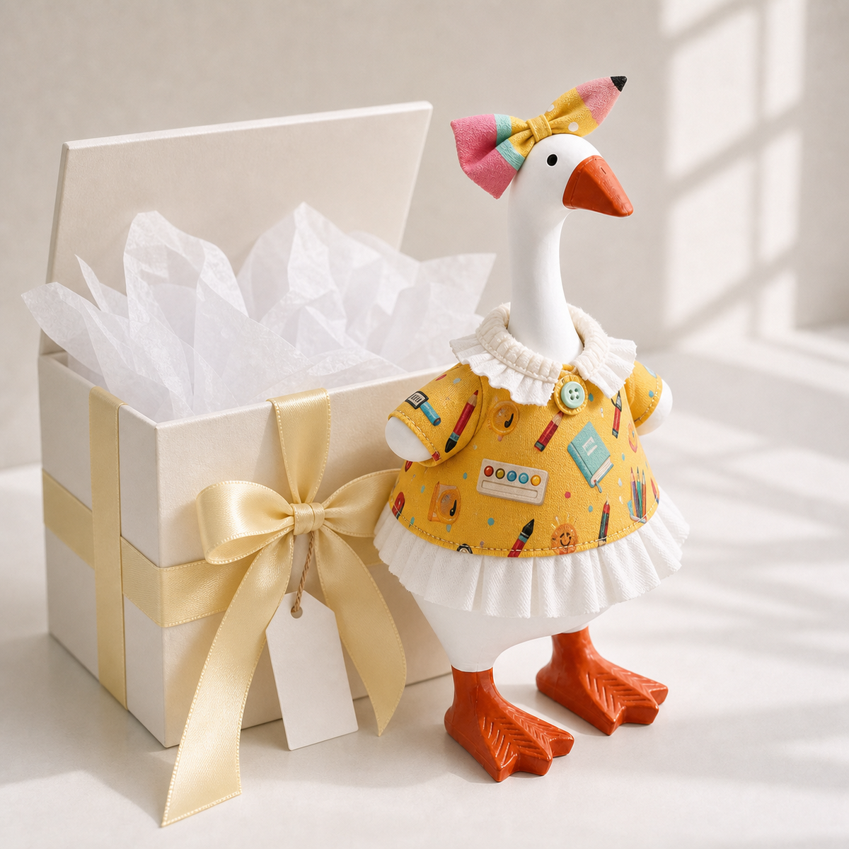 Back view of yellow stationery-print desk goose dress with white ruffle trim
