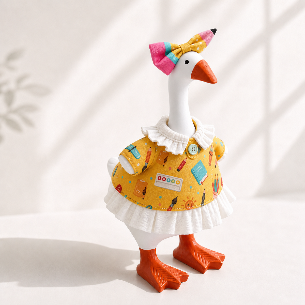 Close-up of colorful pencil bow accessory for a 7-inch desk goose