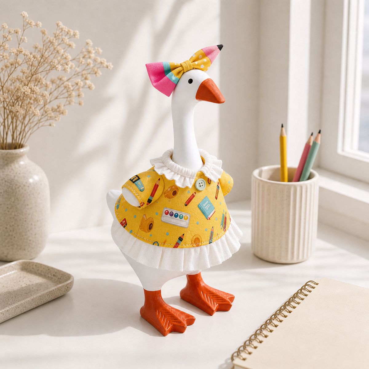 Yellow stationery-print desk goose dress displayed with matching pencil bow