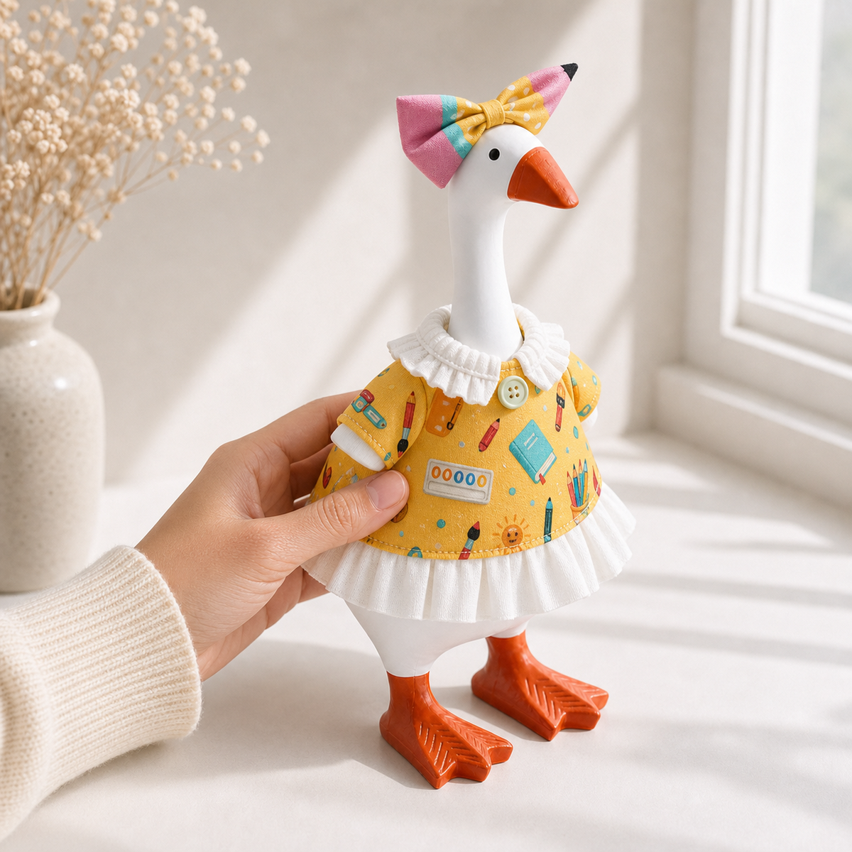 Detail view of white ruffle trim on yellow stationery-print desk goose dress
