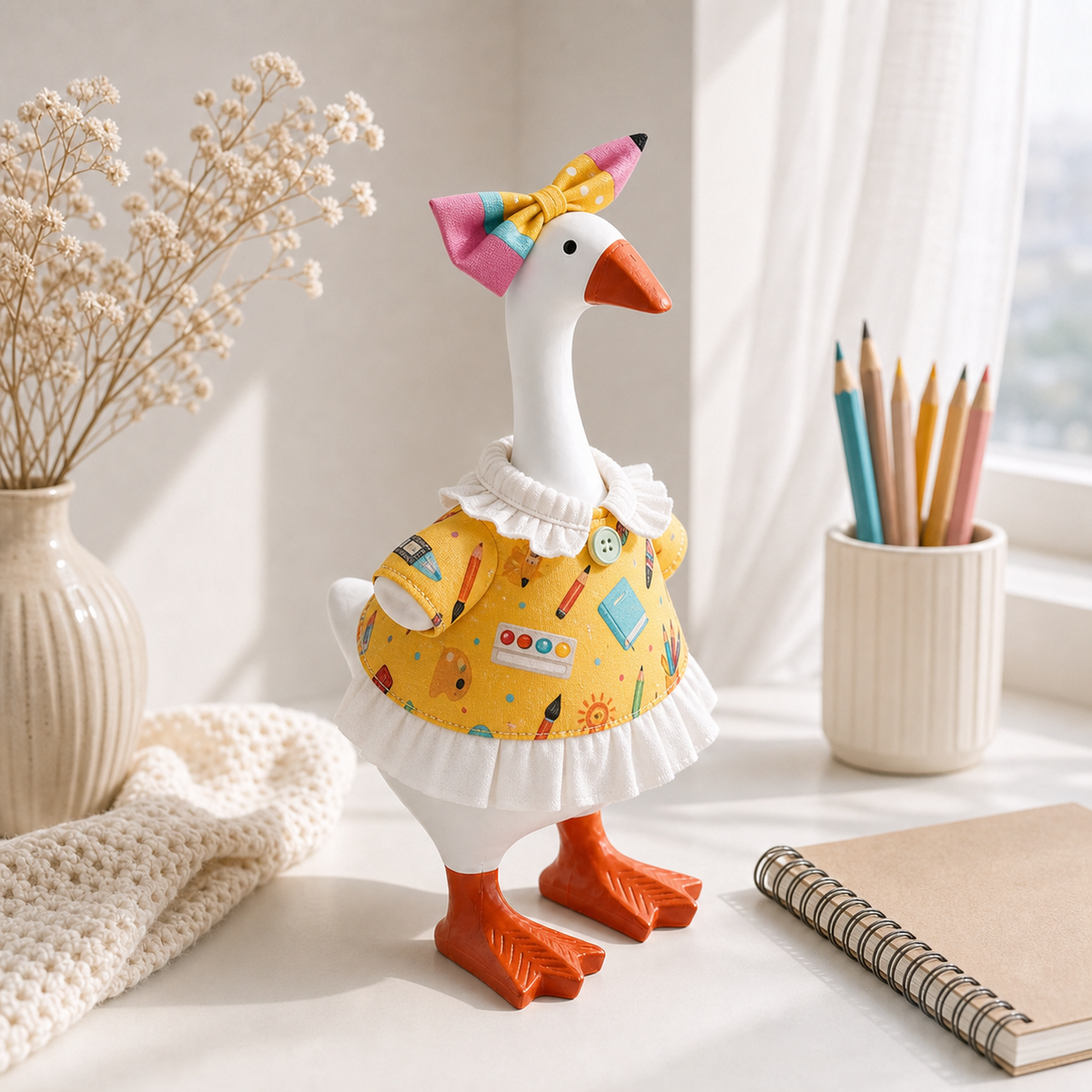 Little Honk stationery outfit set packaging presentation with yellow dress and pencil bow