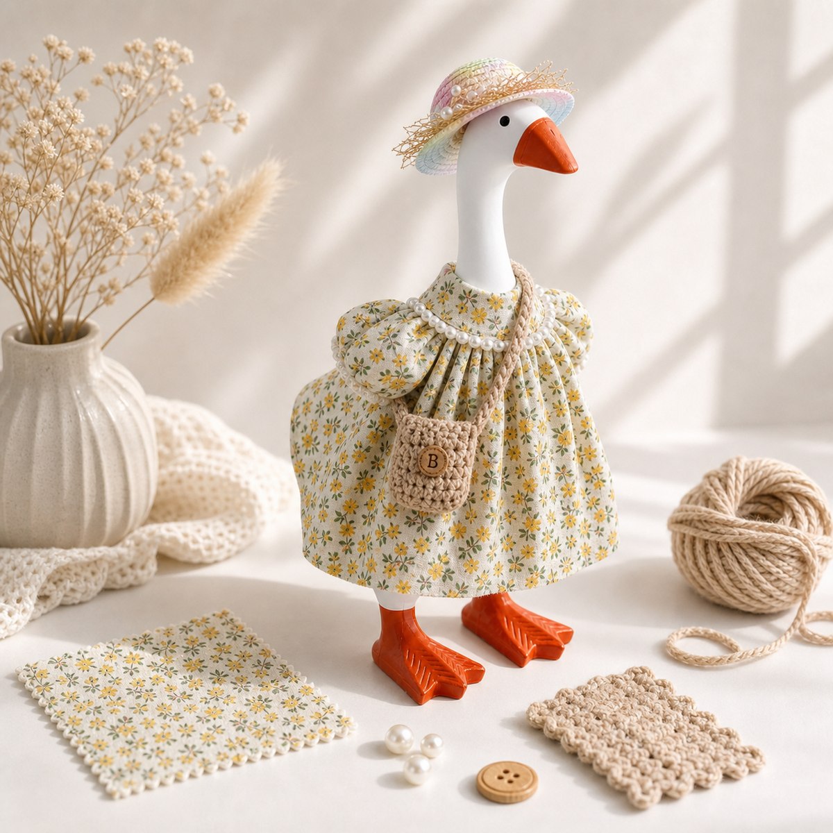 Yellow floral dress, woven sun hat and crochet crossbody bag displayed on a 7-inch desk goose