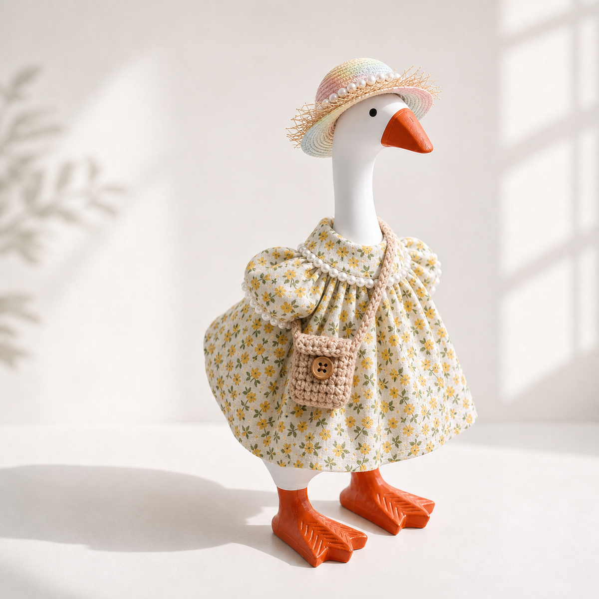 Yellow floral desk goose outfit displayed in a bright home setting