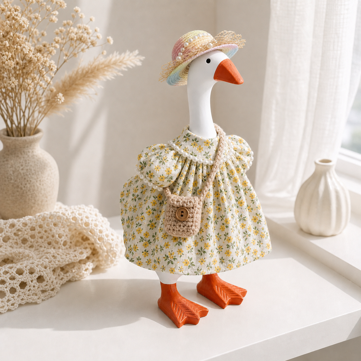 Yellow floral dress and woven hat outfit displayed on a desk beside a laptop