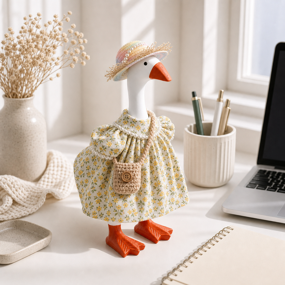 Hand showing the scale of the floral dress and crochet bag on a 7-inch desk goose
