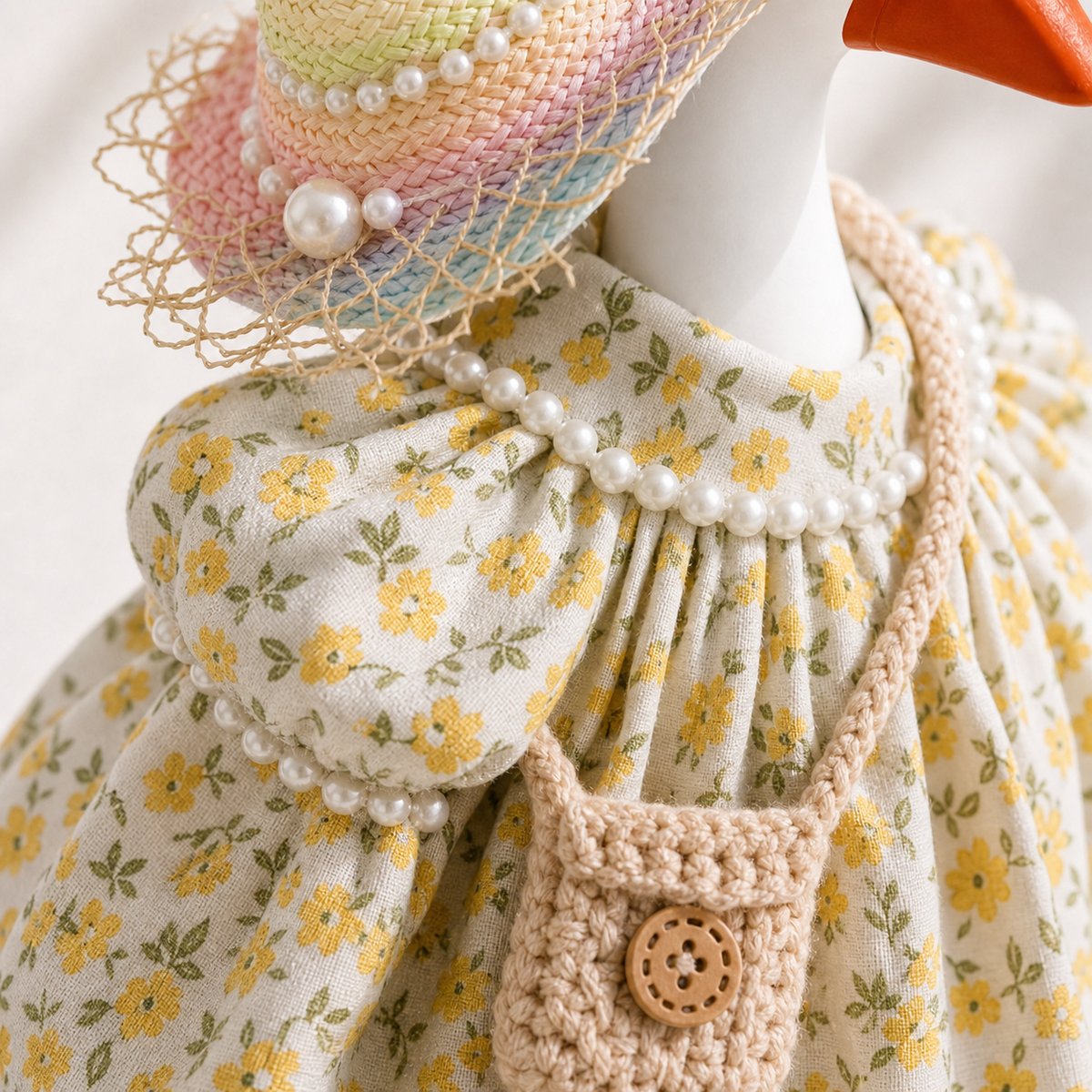 Close-up of yellow floral puff-sleeve dress with pearl-style trim, woven hat and crochet bag