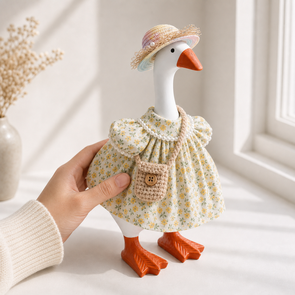 Yellow floral desk goose outfit displayed beside a gift box; gift box and goose not included