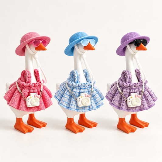 Pink, blue and purple vacation camera outfit color options for a 7-inch Little Honk Desk Goose