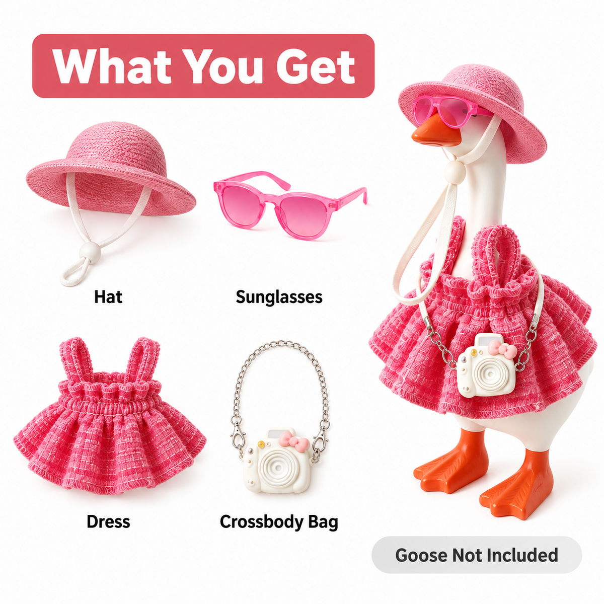 Hat, sunglasses, textured dress and camera crossbody bag included in the Little Honk Desk Goose outfit