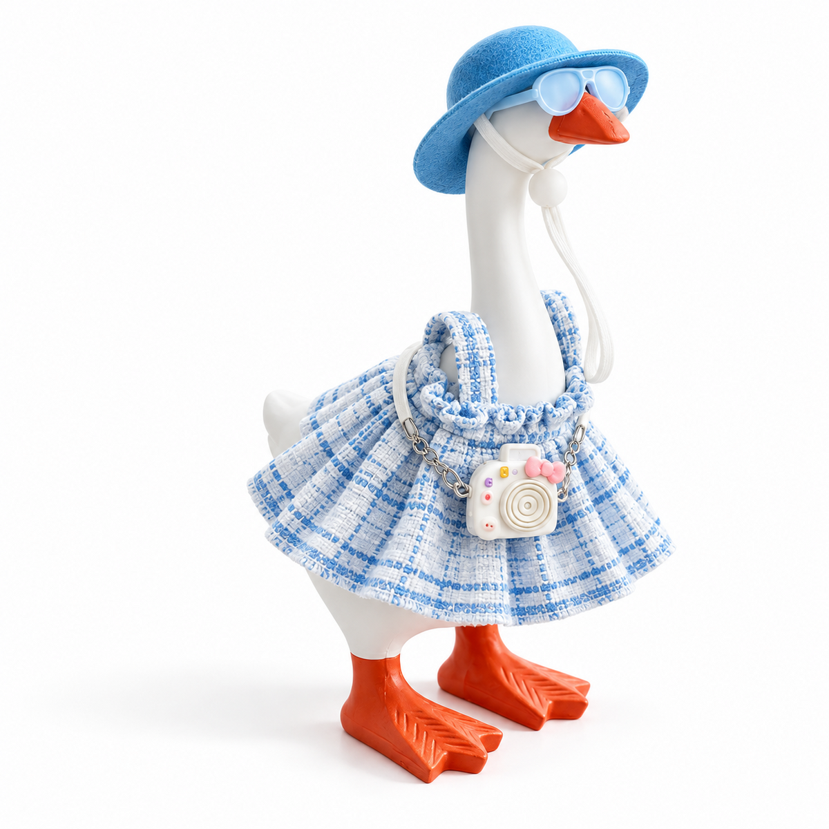 Blue vacation camera dress outfit on a 7-inch Little Honk Desk Goose
