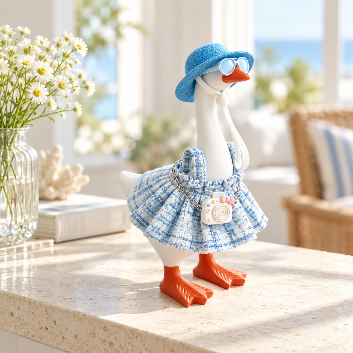 Little Honk Desk Goose wearing the blue vacation camera outfit in a bright coastal room