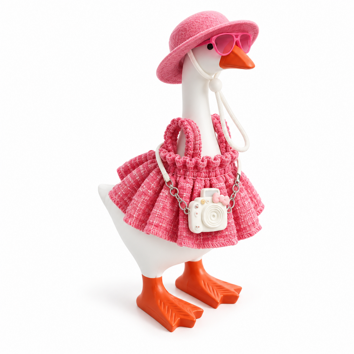 Pink vacation camera dress outfit on a 7-inch Little Honk Desk Goose