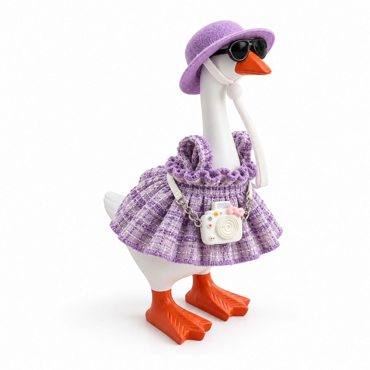 Purple vacation camera dress outfit on a 7-inch Little Honk Desk Goose