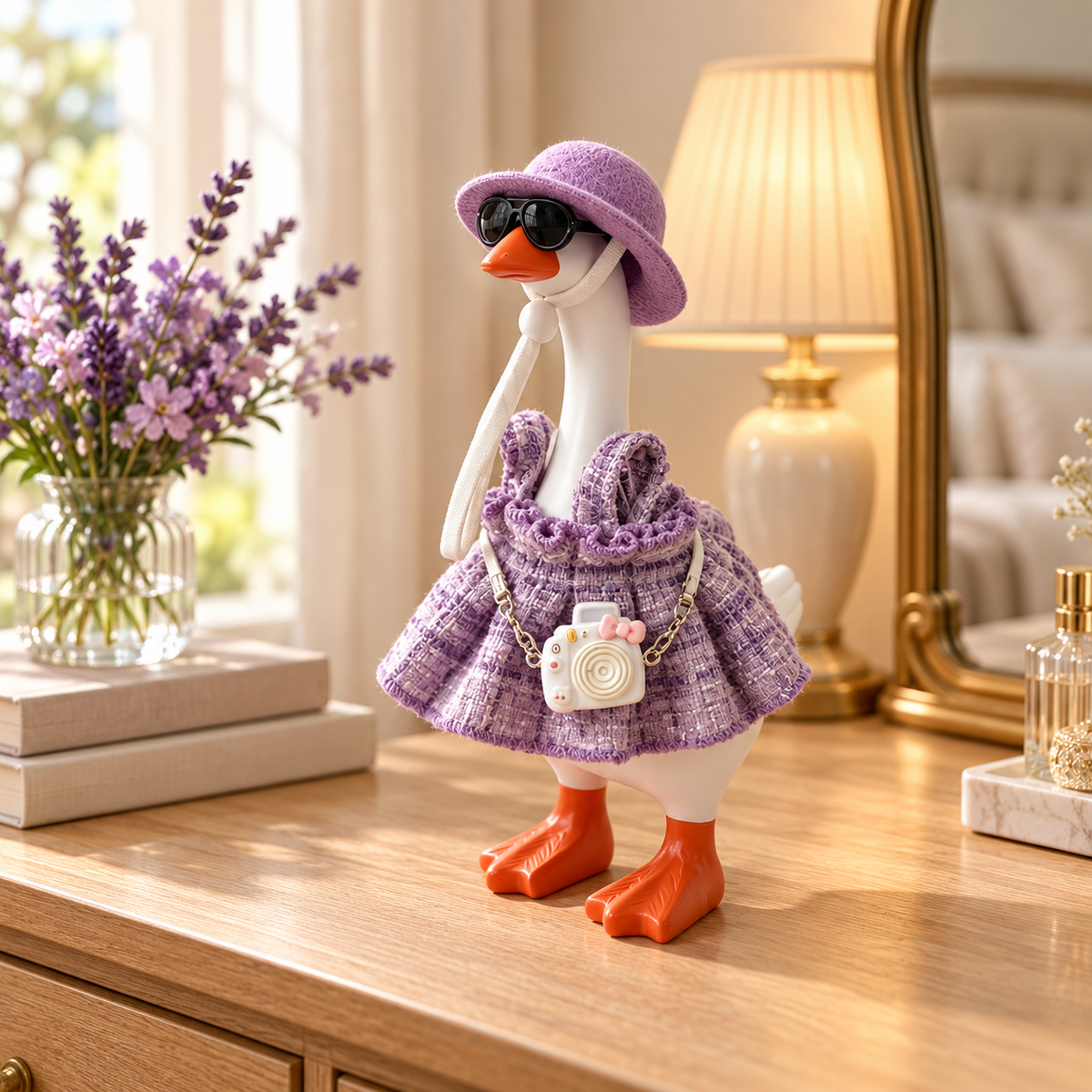 Little Honk Desk Goose wearing the purple vacation camera outfit on a bedroom dresser