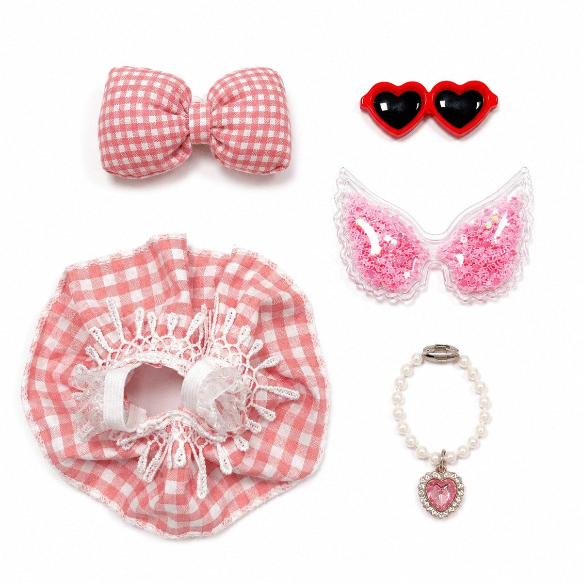 Pink Gingham Dress, Glitter Wings & Heart Sunglasses outfit on a 7-inch Little Honk desk goose