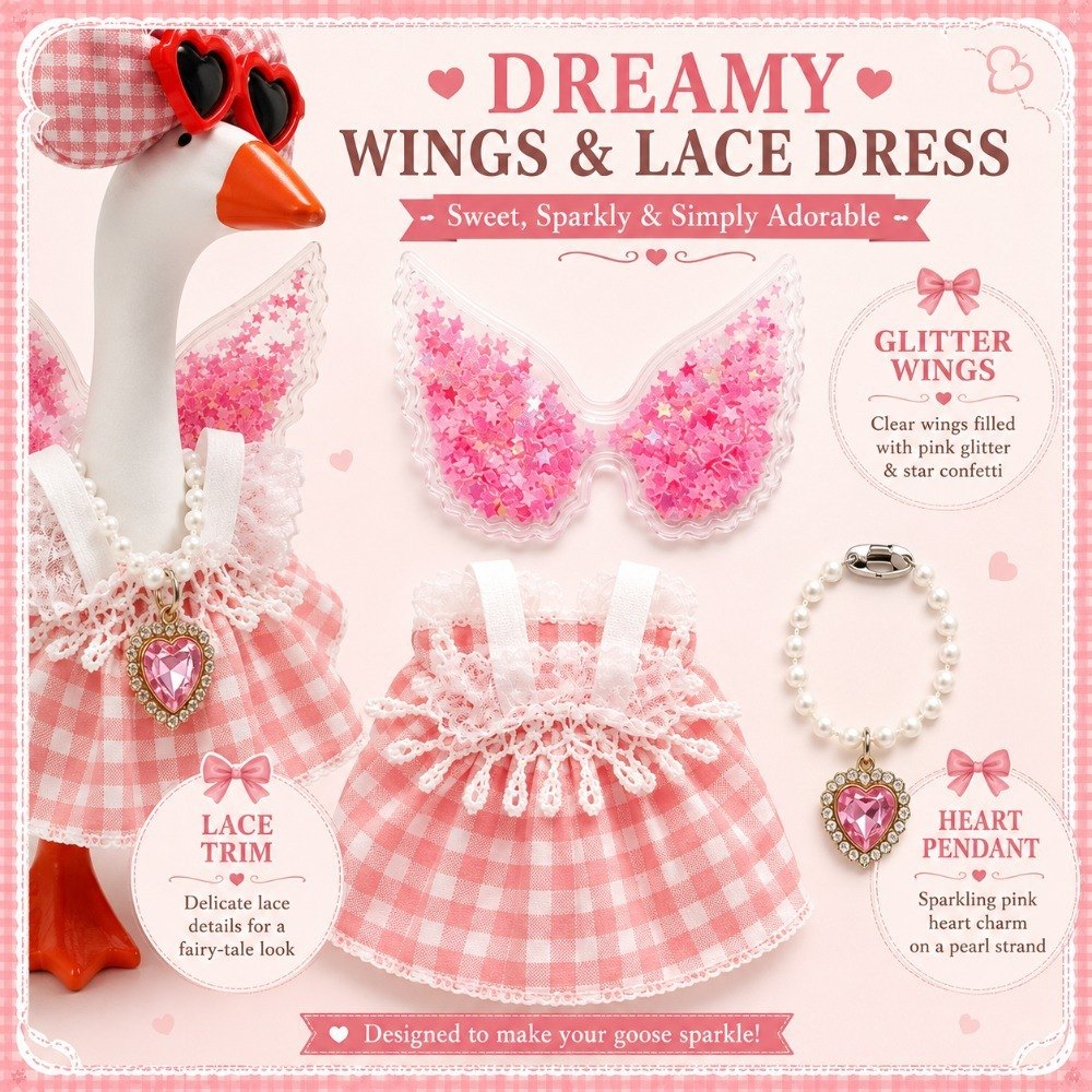 Pink Gingham Dress, Glitter Wings & Heart Sunglasses desk goose outfit by Little Honk, photo 2 of 9