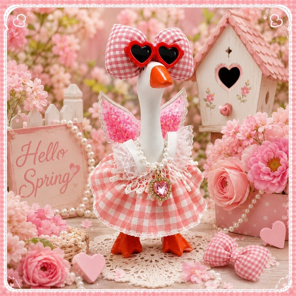 Pink Gingham Dress, Glitter Wings & Heart Sunglasses desk goose outfit by Little Honk, photo 3 of 9