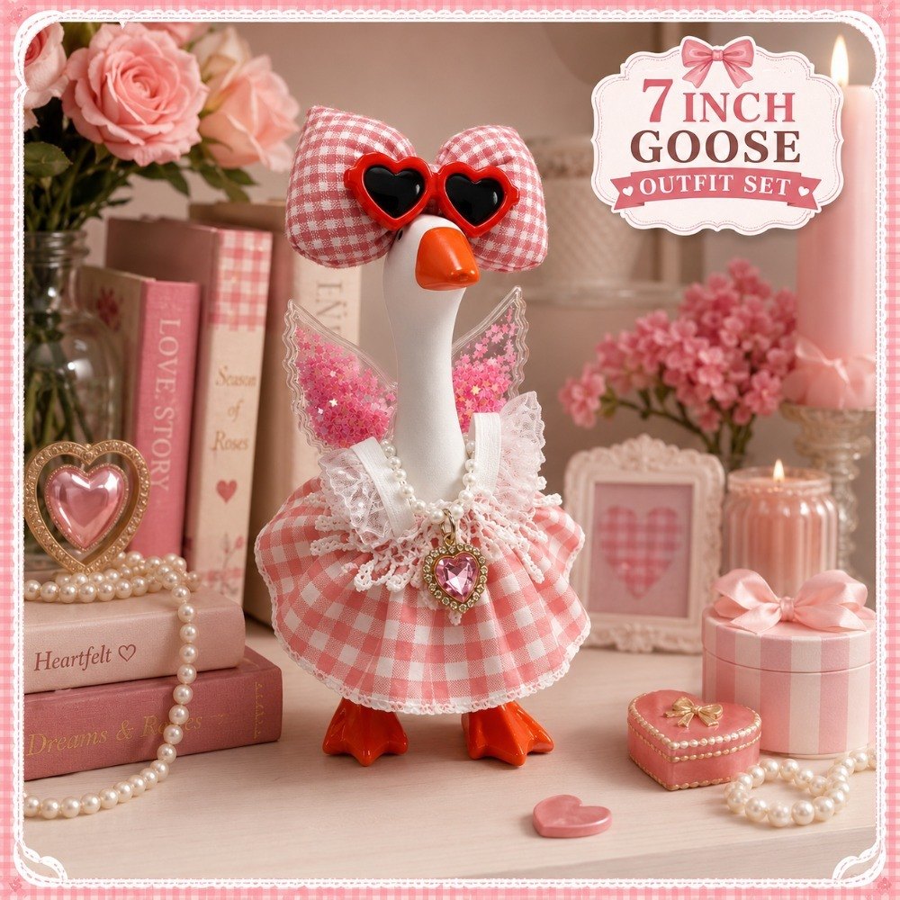 Pink Gingham Dress, Glitter Wings & Heart Sunglasses desk goose outfit by Little Honk, photo 4 of 9