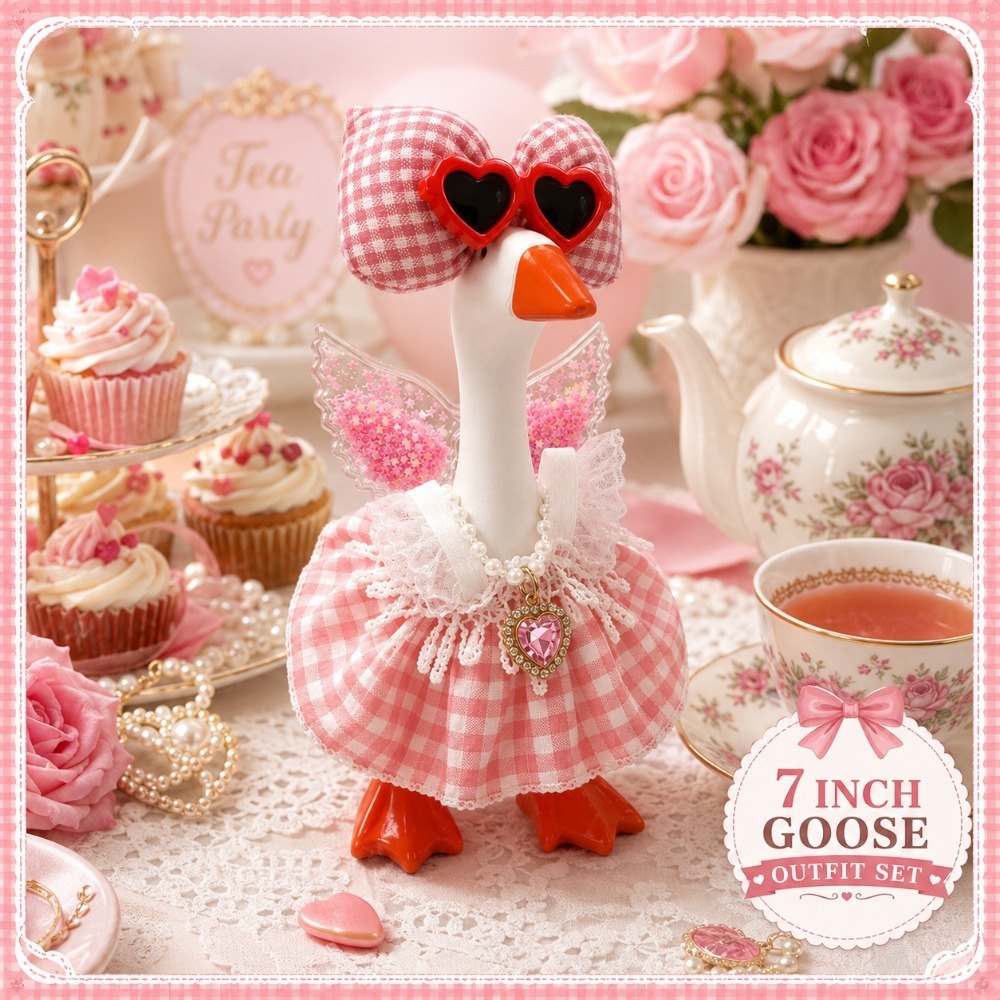 Pink Gingham Dress, Glitter Wings & Heart Sunglasses desk goose outfit by Little Honk, photo 5 of 9