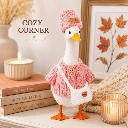 Pink Knit Cardigan, Beanie & Bear Bag desk goose outfit by Little Honk, photo 3 of 5