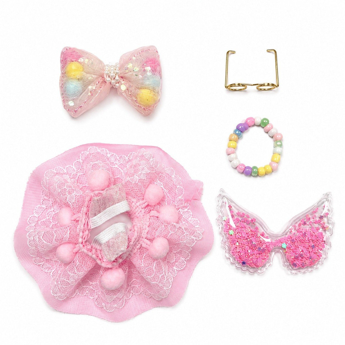 Pink Pom-Pom Lace Dress, Glitter Wings & Glasses outfit on a 7-inch Little Honk desk goose
