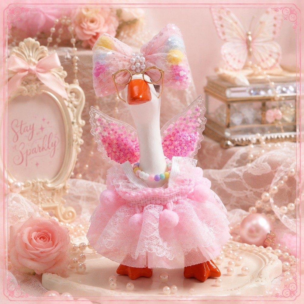 Pink Pom-Pom Lace Dress, Glitter Wings & Glasses desk goose outfit by Little Honk, photo 2 of 9