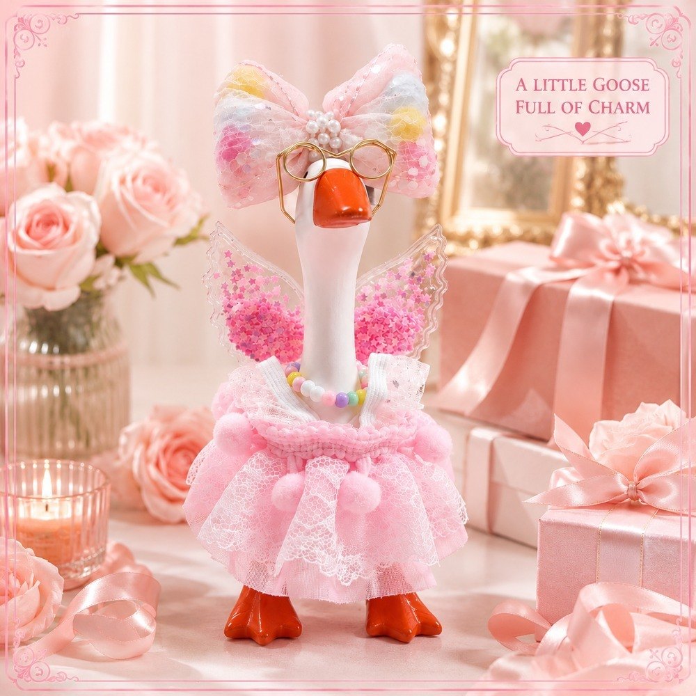 Pink Pom-Pom Lace Dress, Glitter Wings & Glasses desk goose outfit by Little Honk, photo 3 of 9