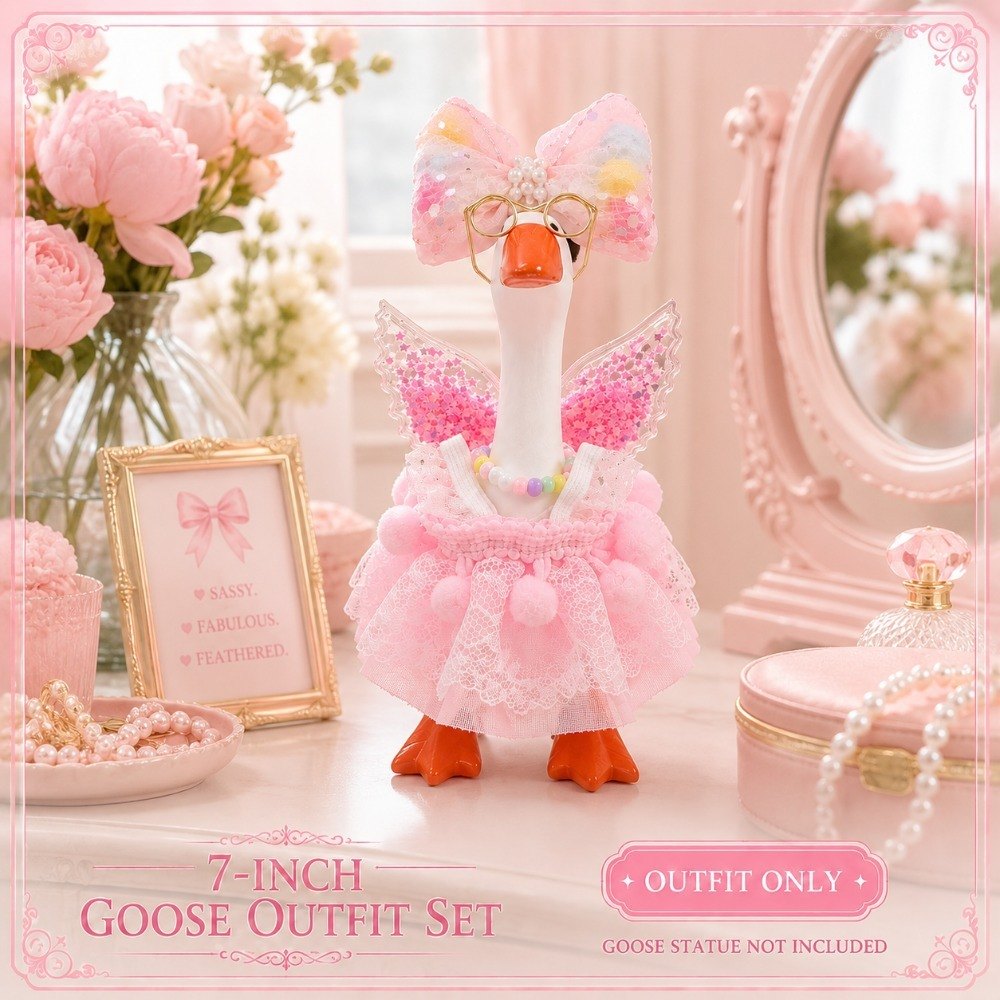 Pink Pom-Pom Lace Dress, Glitter Wings & Glasses desk goose outfit by Little Honk, photo 4 of 9