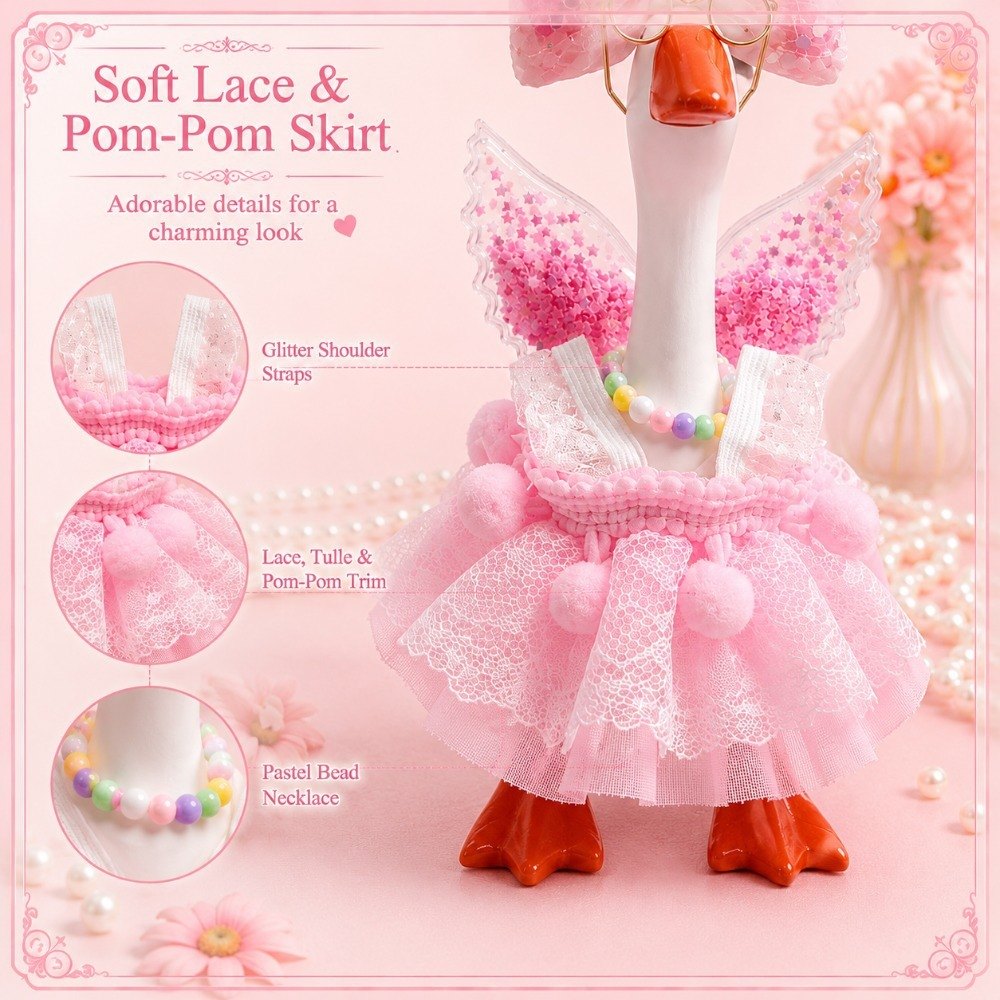 Pink Pom-Pom Lace Dress, Glitter Wings & Glasses desk goose outfit by Little Honk, photo 5 of 9