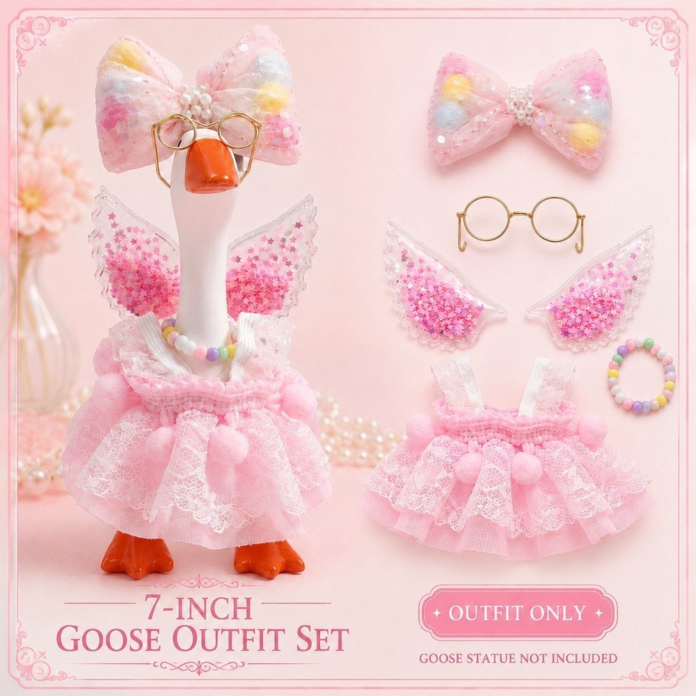 Pink Pom-Pom Lace Dress, Glitter Wings & Glasses desk goose outfit by Little Honk, photo 7 of 9