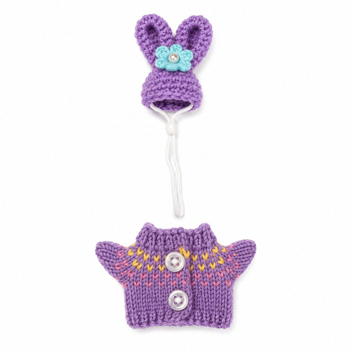 Bunny-Ear Knit Hat & Fair Isle Cardigan outfit on a 7-inch Little Honk desk goose