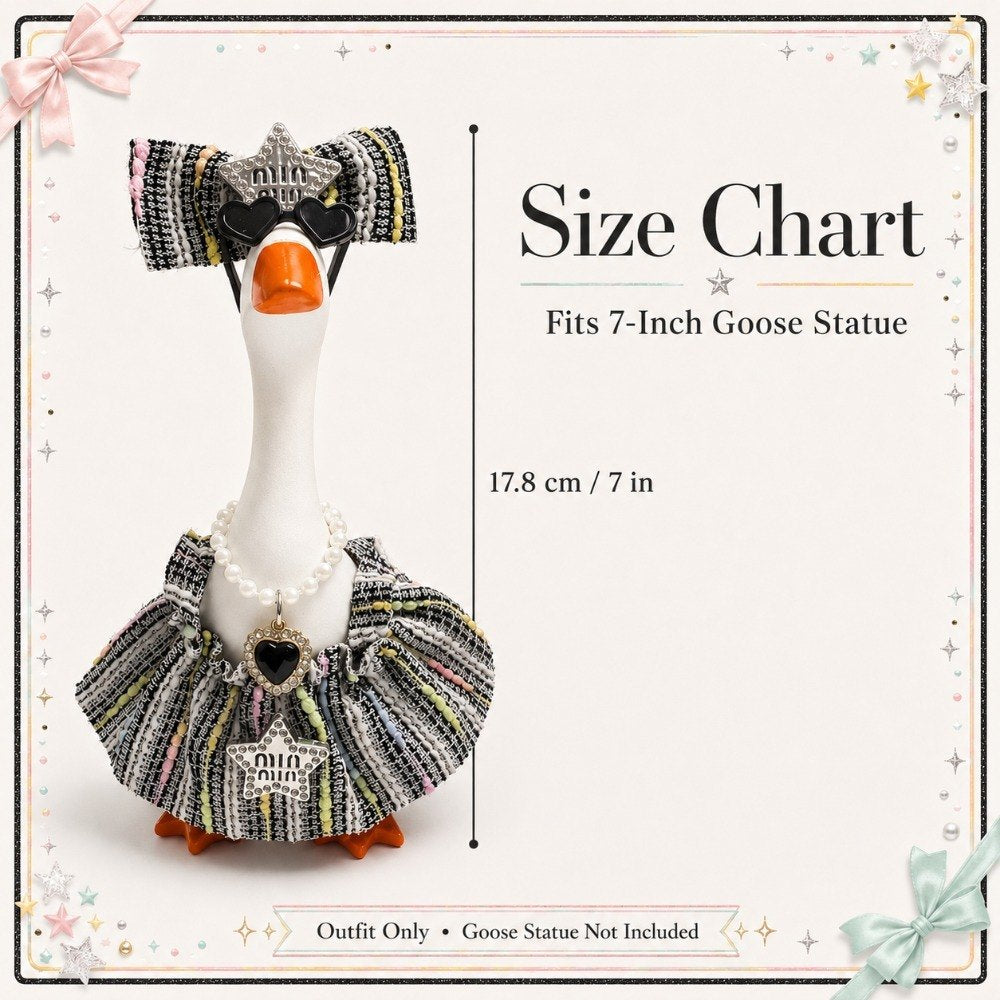 Tweed Skirt, Bow, Heart Sunglasses & Pearls outfit on a 7-inch Little Honk desk goose